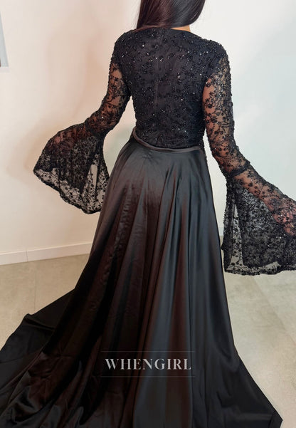Beaded Bell Sleeve Gown with Detachable Overskirt