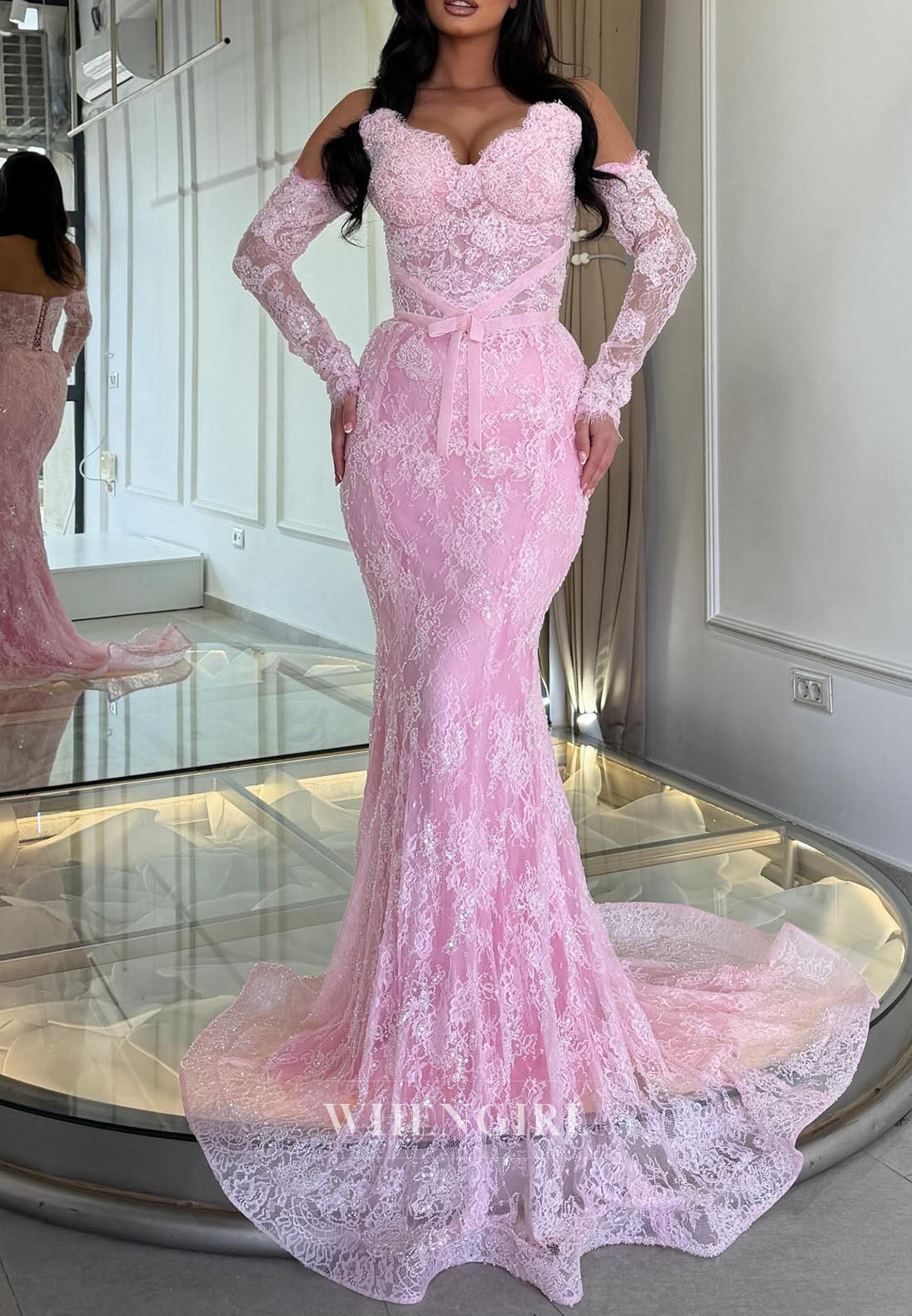 Off-the-Shoulder Long Sleeve Lace Mermaid Gown