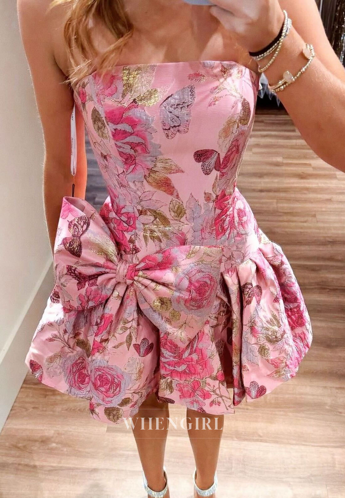 Strapless Metallic Jacquard Mini Dress with Bow