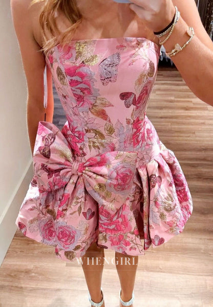 Strapless Metallic Jacquard Mini Dress with Bow
