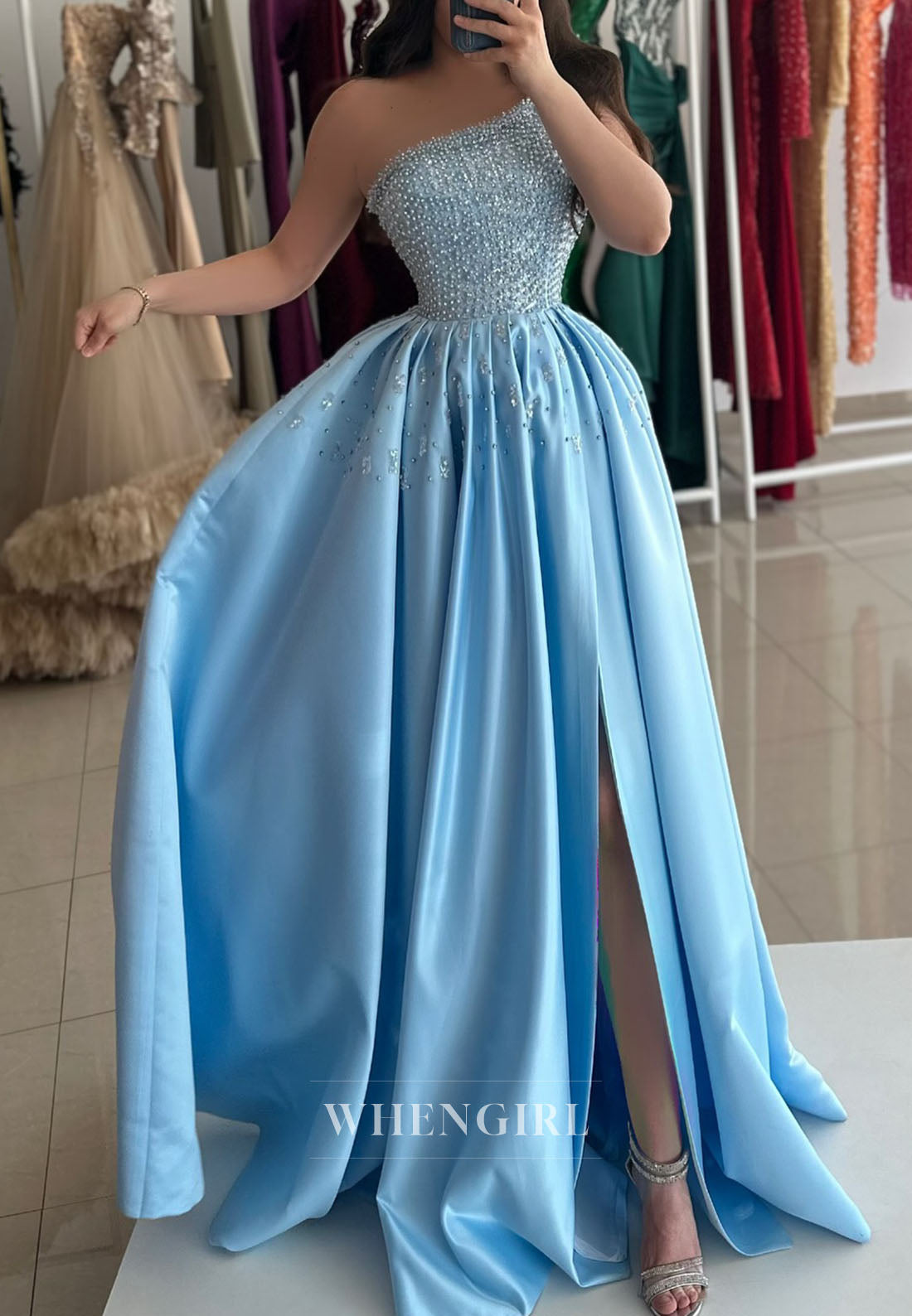 One-Shoulder Beaded A-Line Gown with Slit