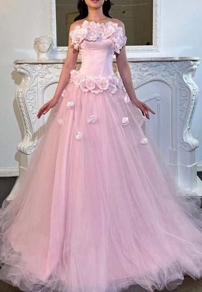 Floral Applique Corset Tulle Ball Gown