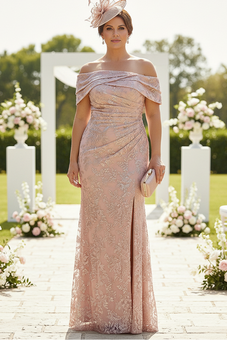 Off-Shoulder Lace High Slit Evening Gown