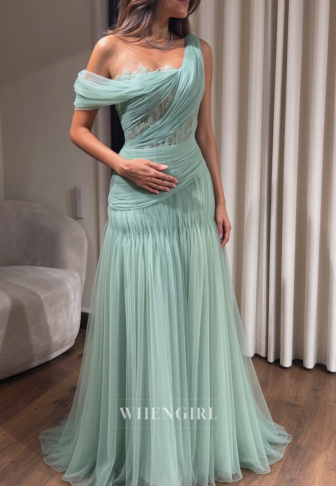 One-Shoulder Ruched Tulle Gown with Lace Inset