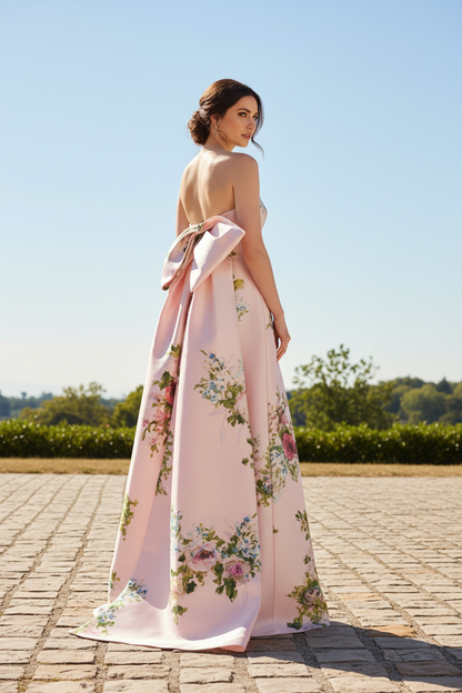 Strapless Floral Satin Column Gown with Back Bow