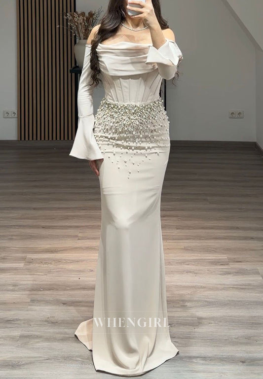 Off Shoulder Corset Mermaid Gown with Pearl Beading