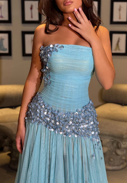 Strapless Ruched Tulle Gown with Disc Embellishment