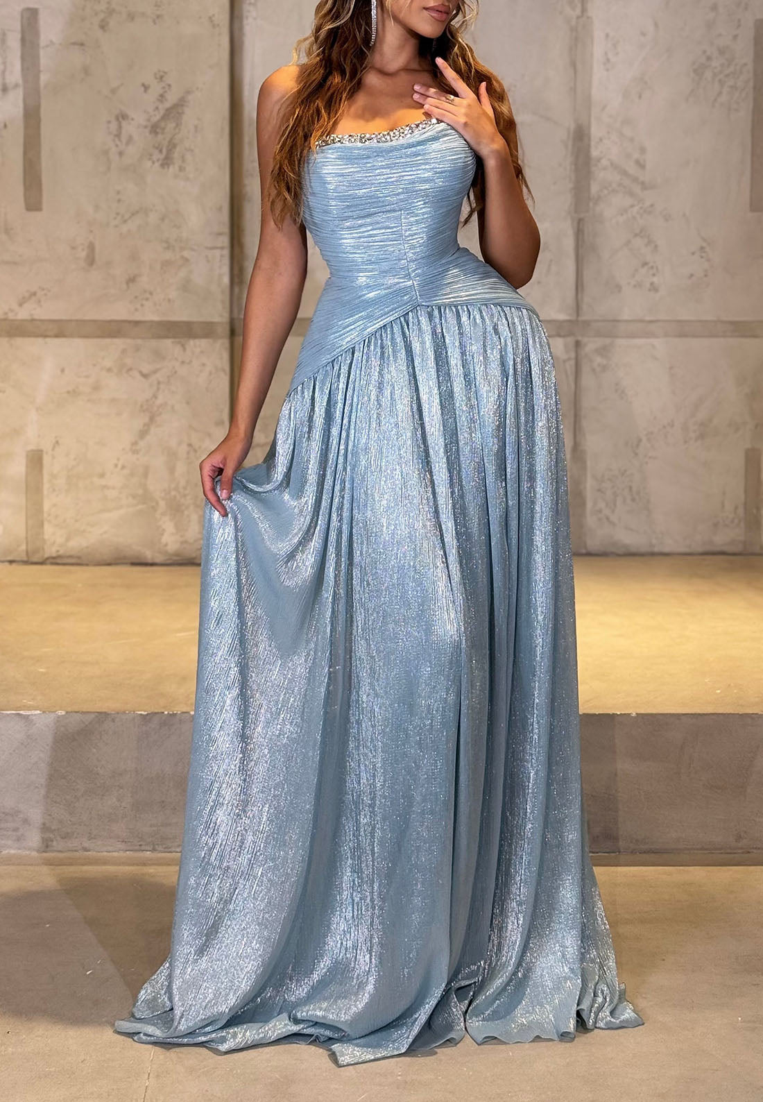 Strapless Metallic Shimmer Gown with Embellished Trim