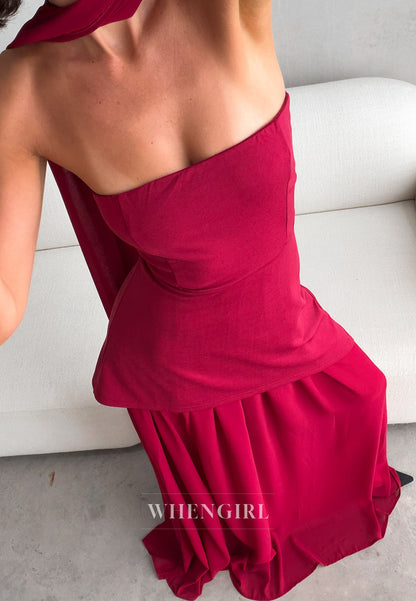 Strapless Asymmetric Overlay Gown with Scarf
