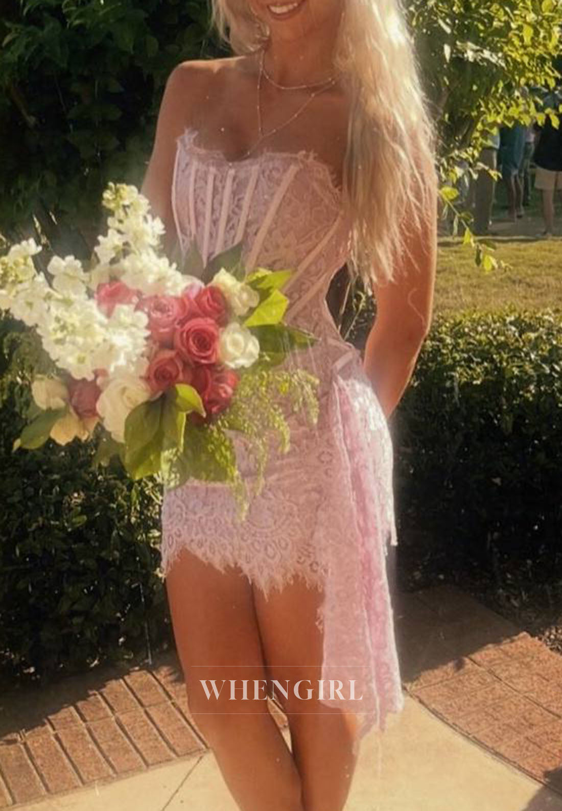 Strapless Lace Corset Mini Dress with Side Drape