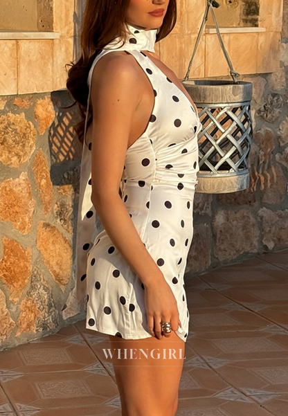 Polka Dot Halter Mini Dress with Neck Scarf