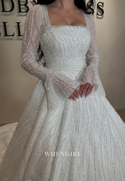 Beaded Ball Gown Wedding Dress with Long Sleeves