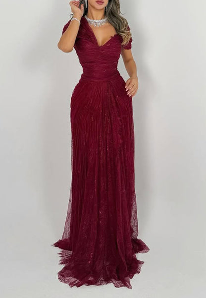 Ruched Off-the-Shoulder Lace Evening Gown with Train