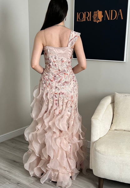 One-Shoulder Embroidered Tiered Ruffle Gown