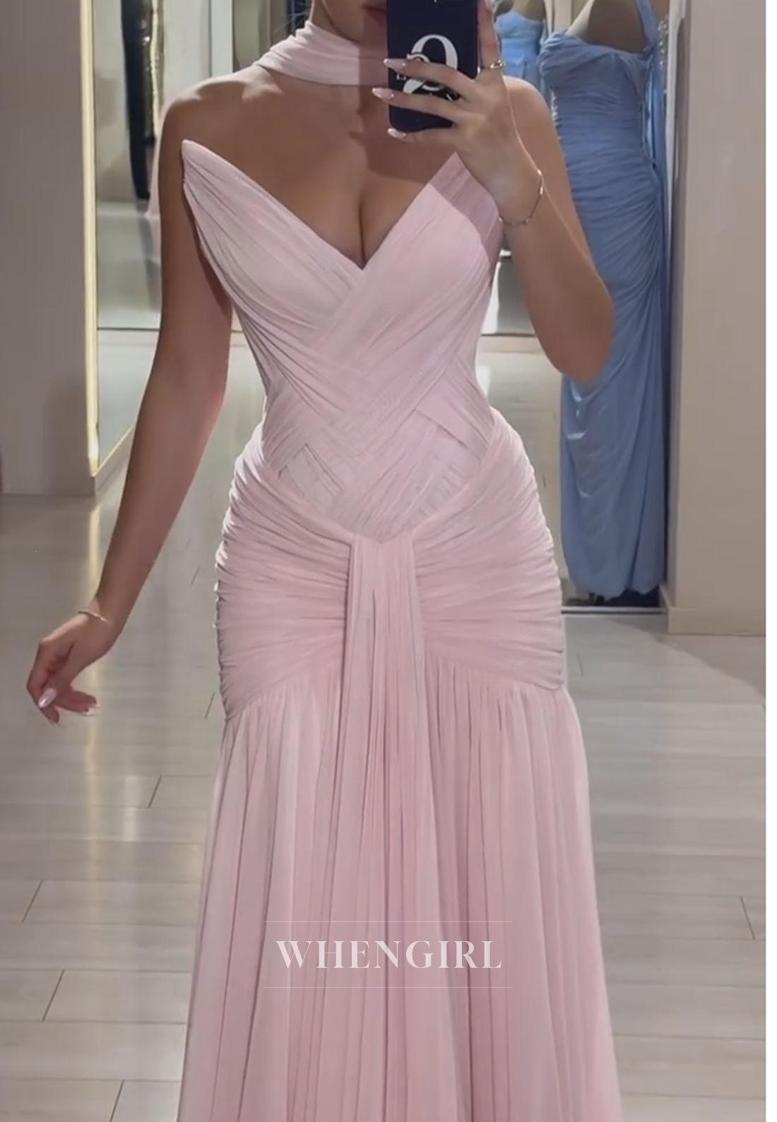 Ruched Column Gown with V-Neckline and Choker