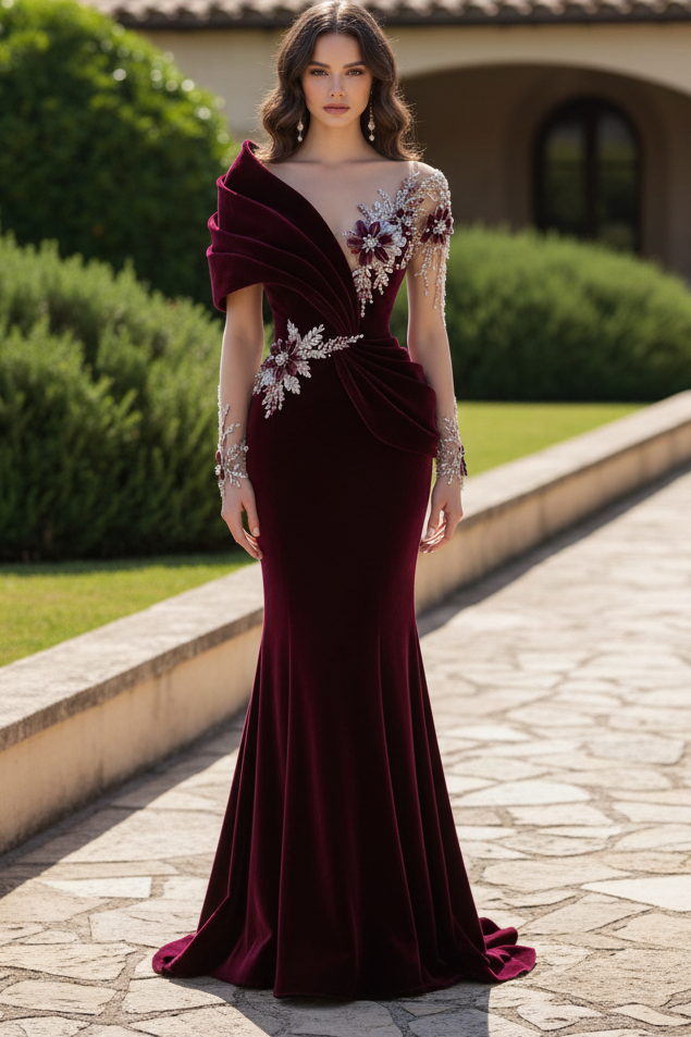 Velvet Mermaid Gown with Floral Appliques & Drape