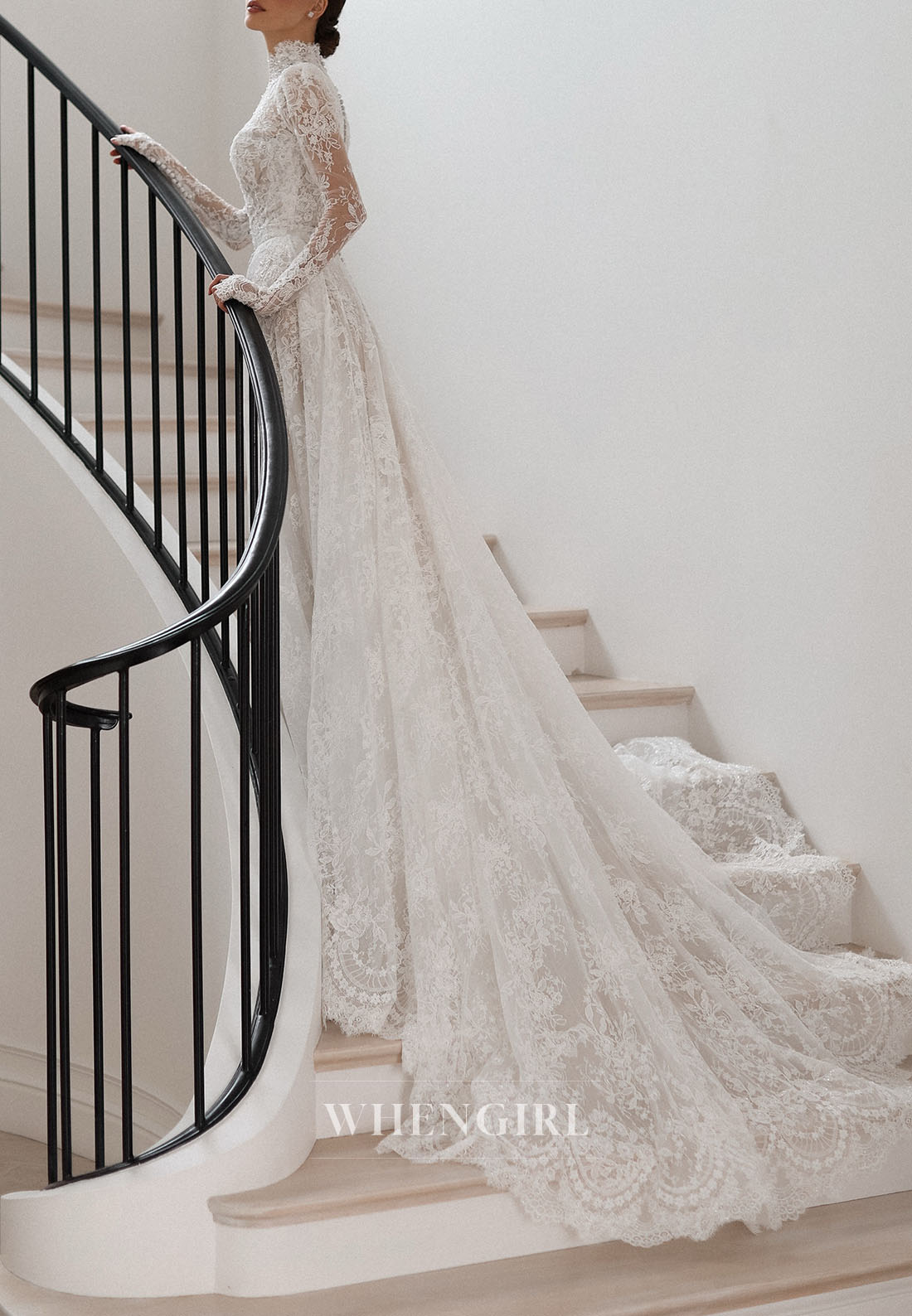 High Neck Lace Wedding Dress with Long Sleeves