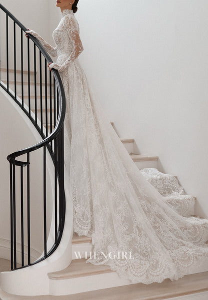 High Neck Lace Wedding Dress with Long Sleeves