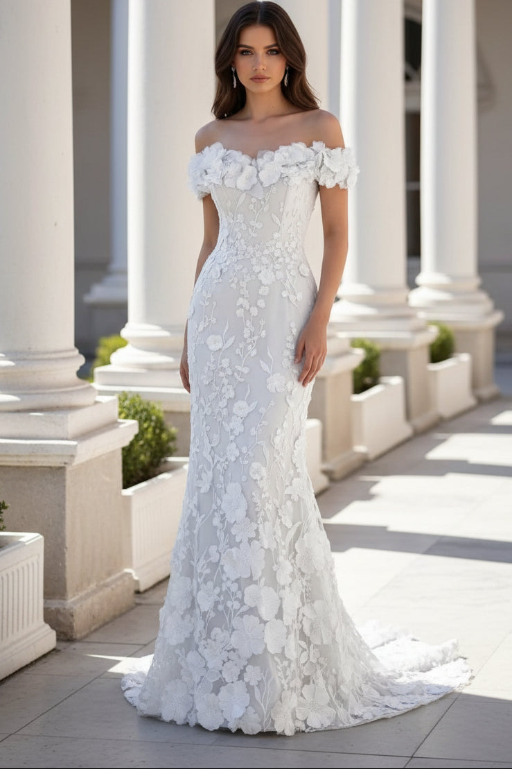 3D Floral Off-the-Shoulder Trumpet Evening Gown