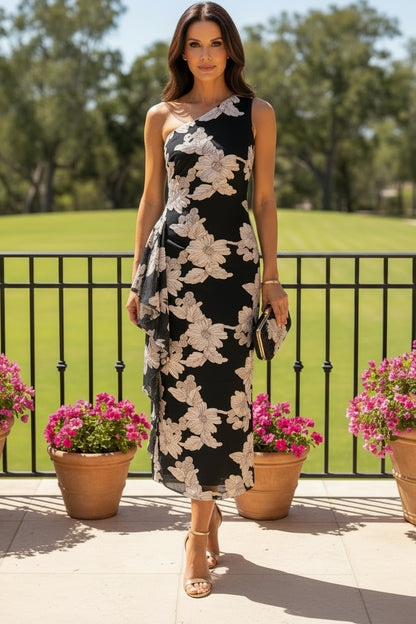 One-Shoulder Floral Midi Dress with Ruffle