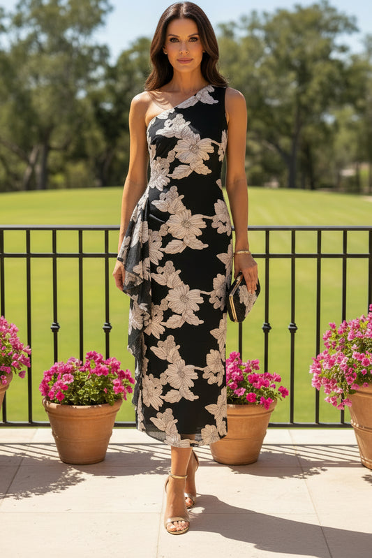 One-Shoulder Floral Midi Dress with Ruffle