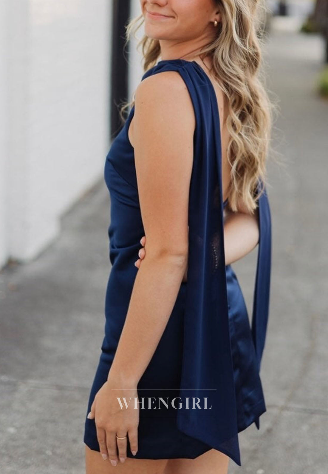 Cowl Neck Satin Mini Dress with Draped Tail Sash
