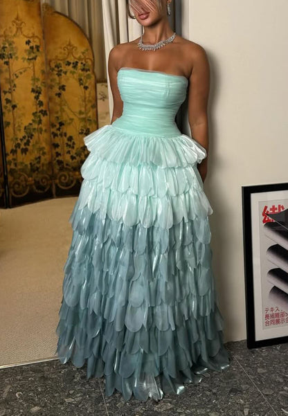 Strapless Ruched Bodice Tiered Petal Gown