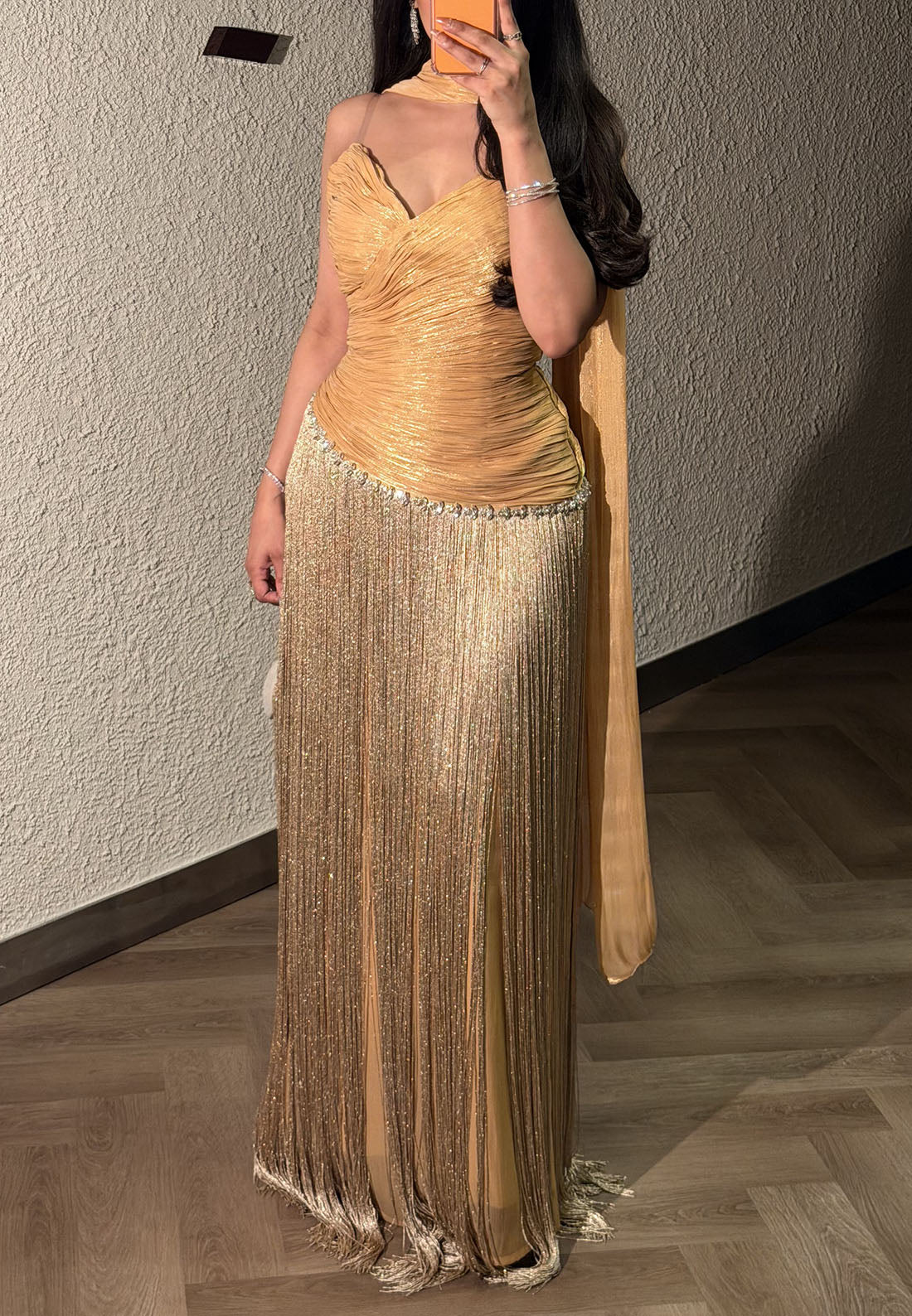 Pleated Bodice Gown with Fringe Skirt & Trim