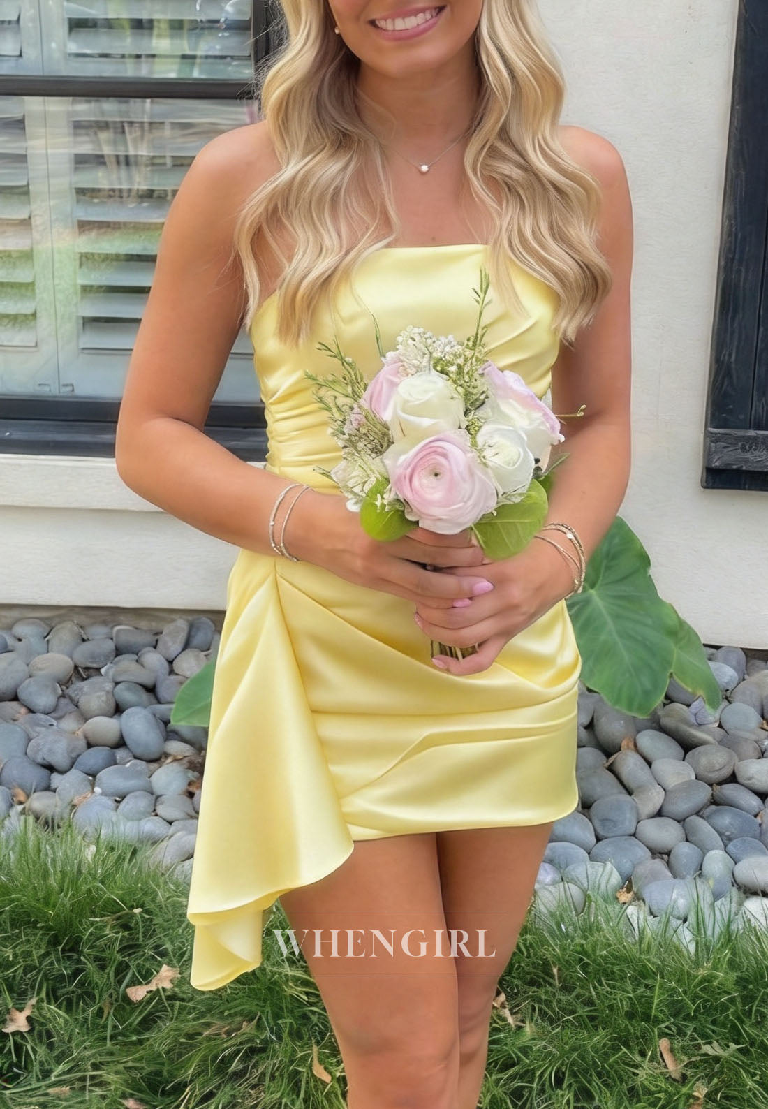 Strapless Satin Mini Dress with Side-Draped Asymmetrical Hem