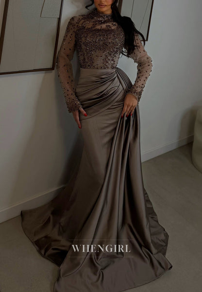 High Neck Beaded Long Sleeve Satin Mermaid Gown