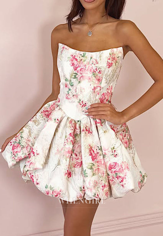 Strapless Floral Jacquard Mini Bubble Dress