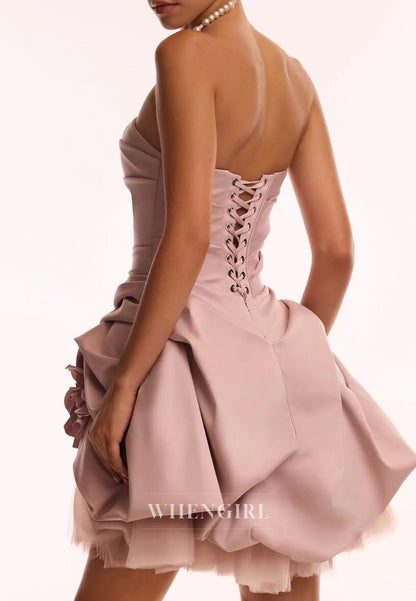 Strapless Ruched Corset Mini Dress with 3D Flowers