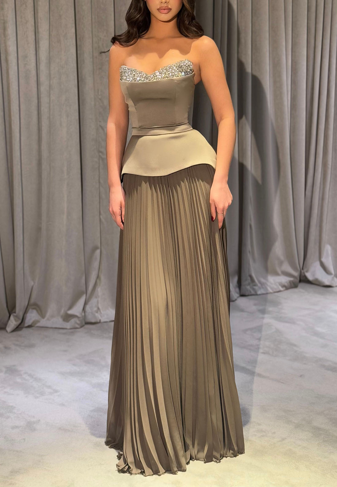 Strapless Rhinestone Peplum Pleated Gown