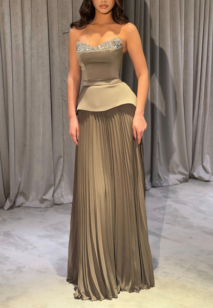 Strapless Rhinestone Peplum Pleated Gown