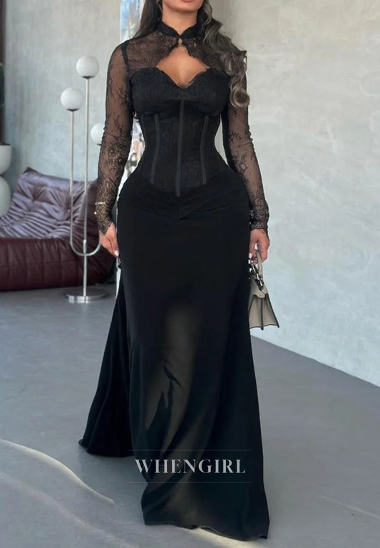 Corset Lace Long Sleeve Floor-Length Evening Gown
