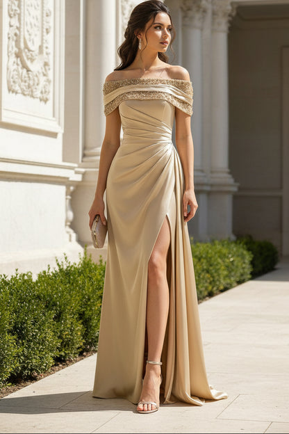 Off-the-Shoulder Beaded Satin Gown with High Slit