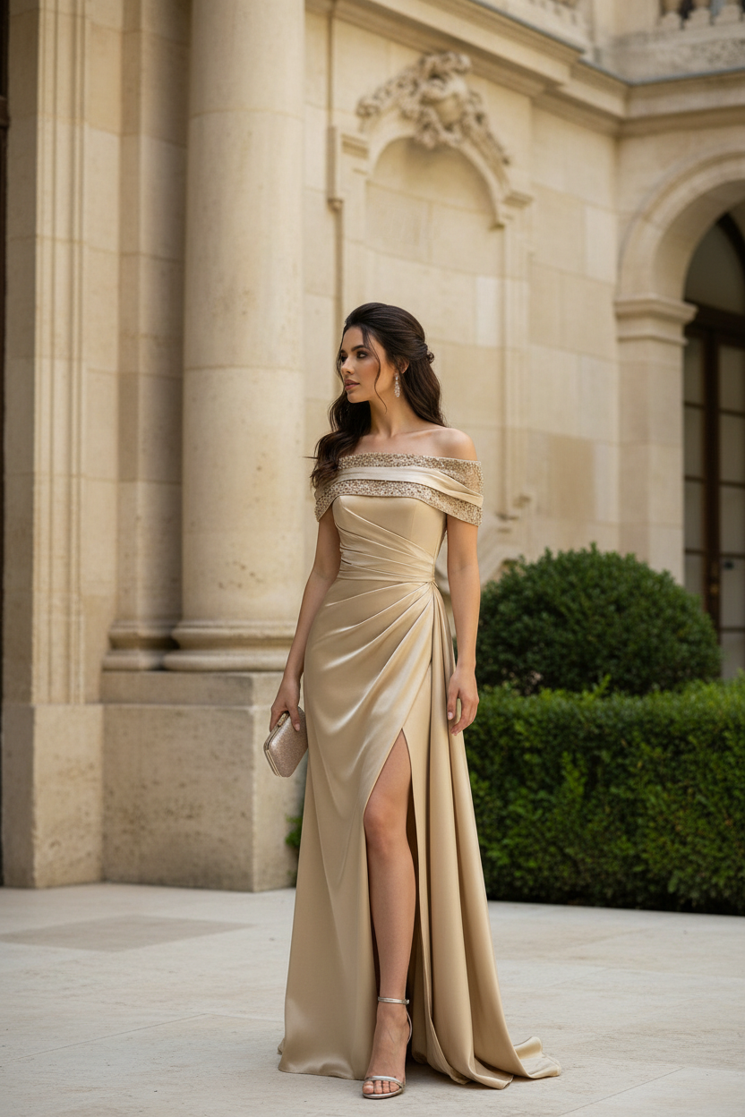 Off-the-Shoulder Beaded Satin Gown with High Slit