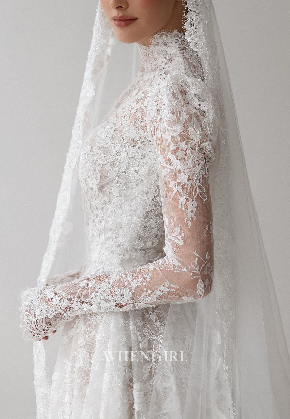 High Neck Lace Wedding Dress with Long Sleeves