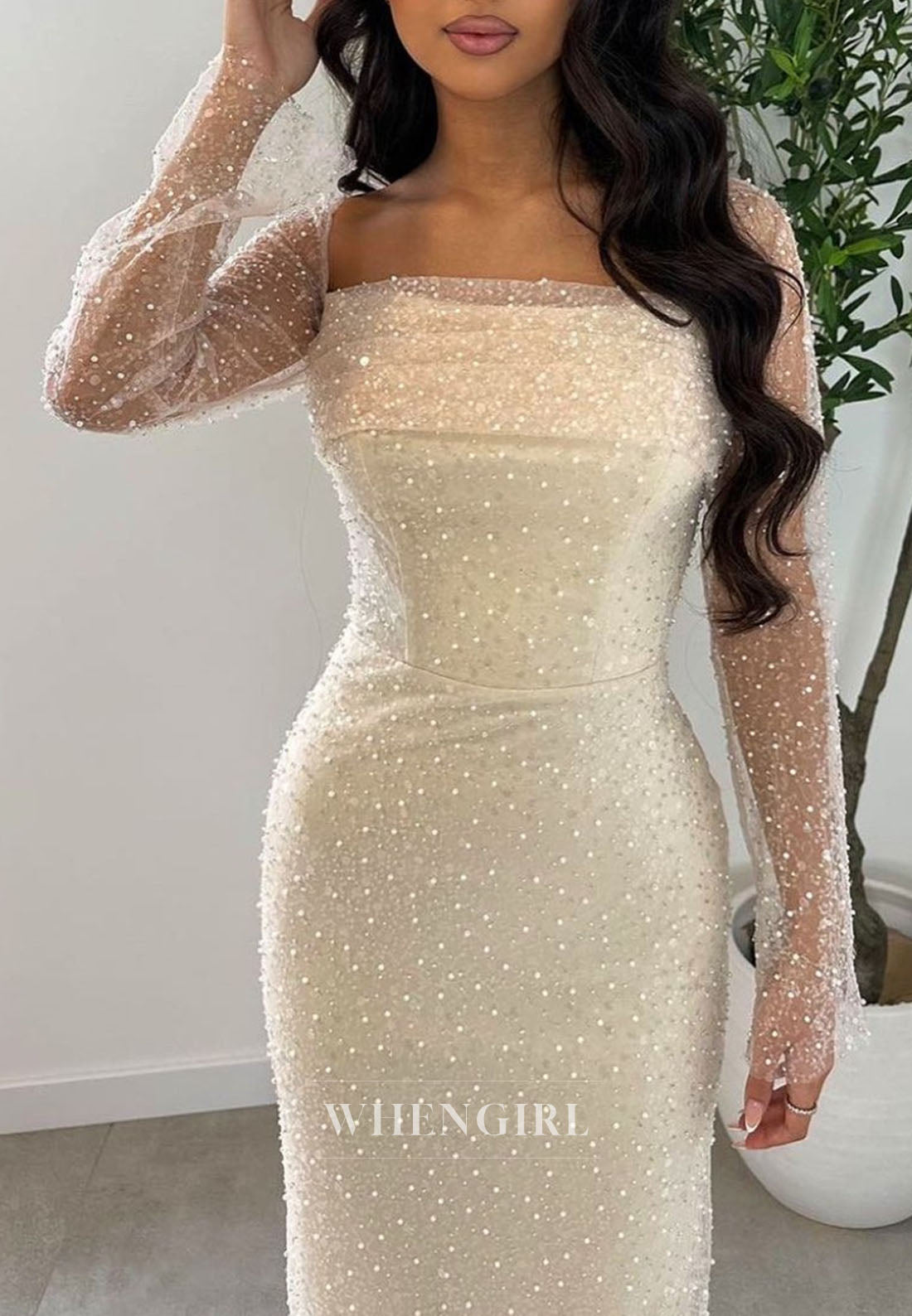 Pearl Beaded Mesh Long Sleeve Gown with Overskirt