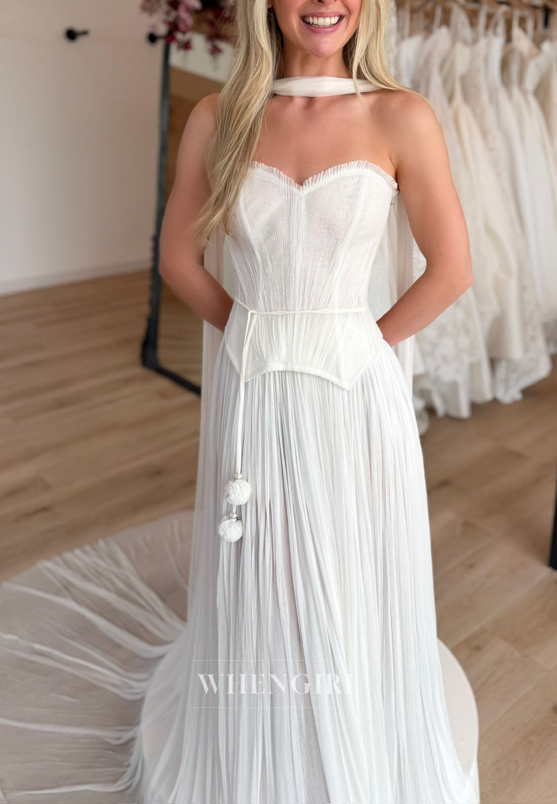 Pleated Corset Wedding Dress with Tassel Belt
