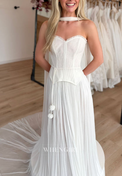 Pleated Corset Wedding Dress with Tassel Belt