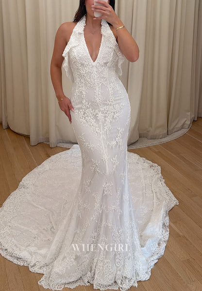 Halter Deep V-Neck Lace Mermaid Wedding Dress