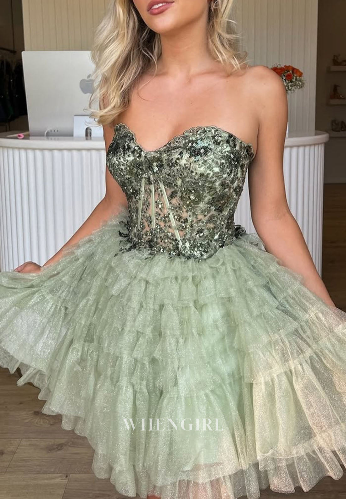 Strapless Sequin Bodice Tiered Tulle Homecoming Dress