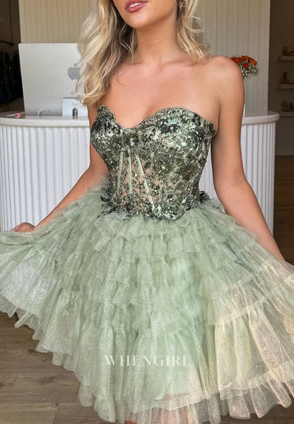 Strapless Sequin Bodice Tiered Tulle Homecoming Dress