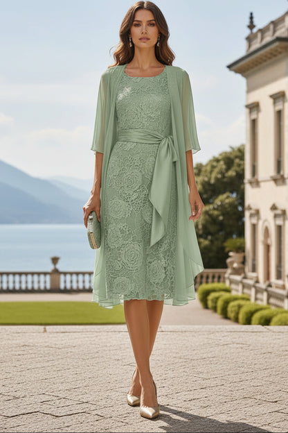 Lace Midi Dress with Flowy Chiffon Shawl & Sash