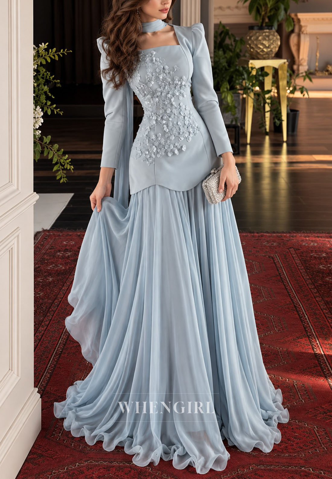 Floral Applique Peplum Gown with Chiffon Skirt
