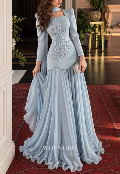 Floral Applique Peplum Gown with Chiffon Skirt