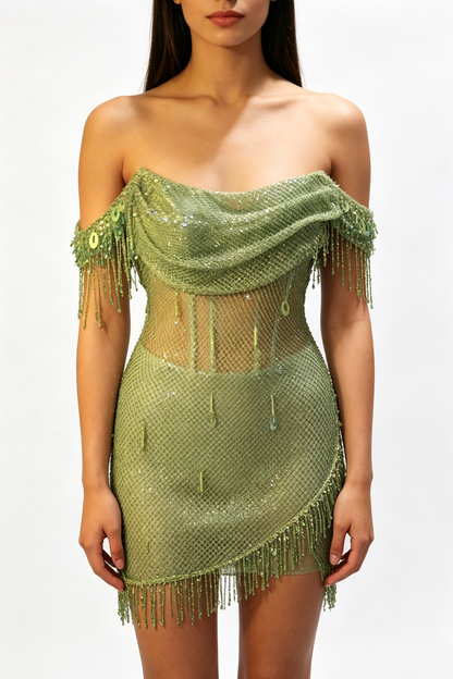 Off-Shoulder Fringe Mesh Bodycon Mini Dress