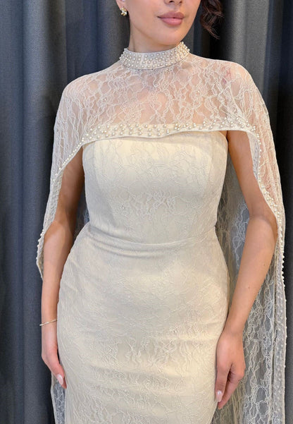 Lace Column Gown with Beaded High Neck Cape