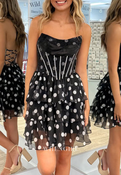 Strapless Beaded Corset Polka Dot Tiered Dress